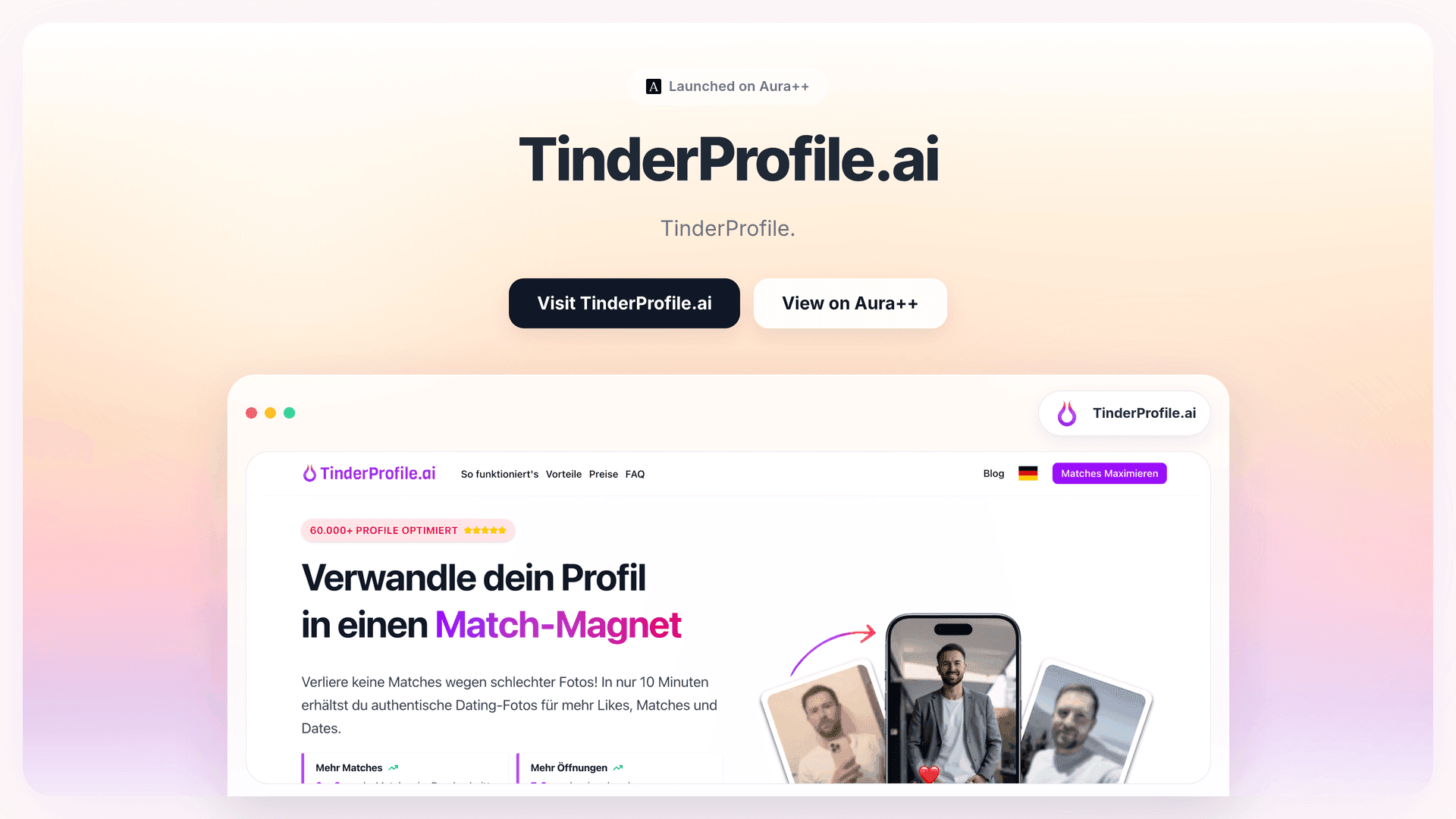 TinderProfile.ai launch story featured image on Aura++