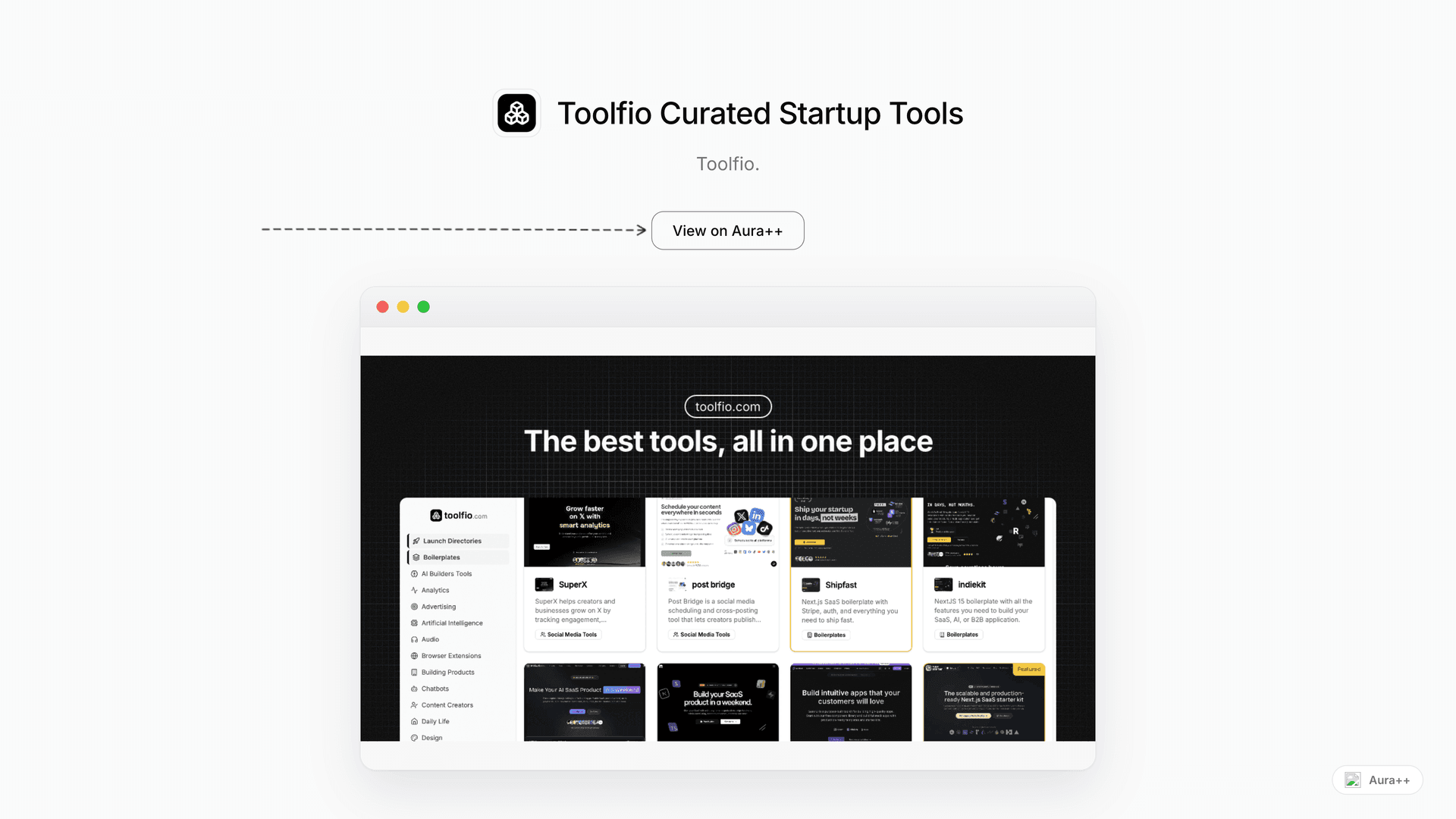 Toolfio Curated Startup Tools launch story featured image on Aura++