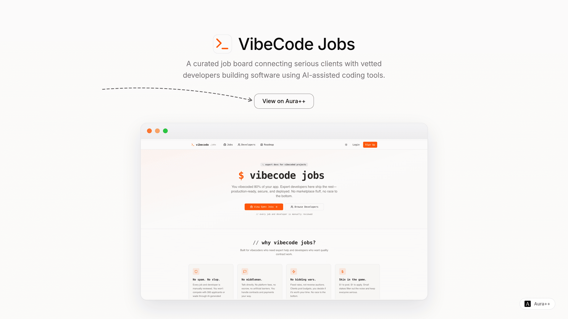 VibeCode Jobs launch story featured image on Aura++
