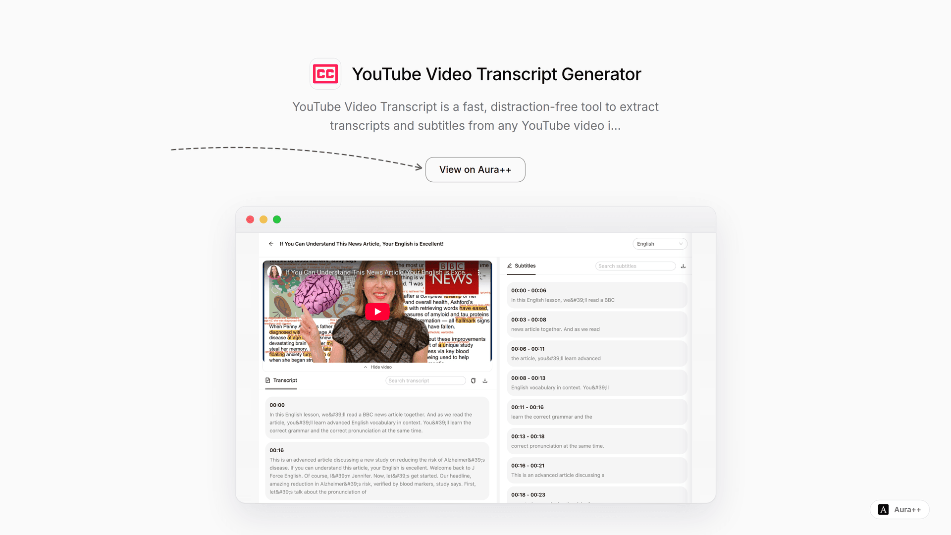 YouTube Video Transcript Generator launch story featured image on Aura++