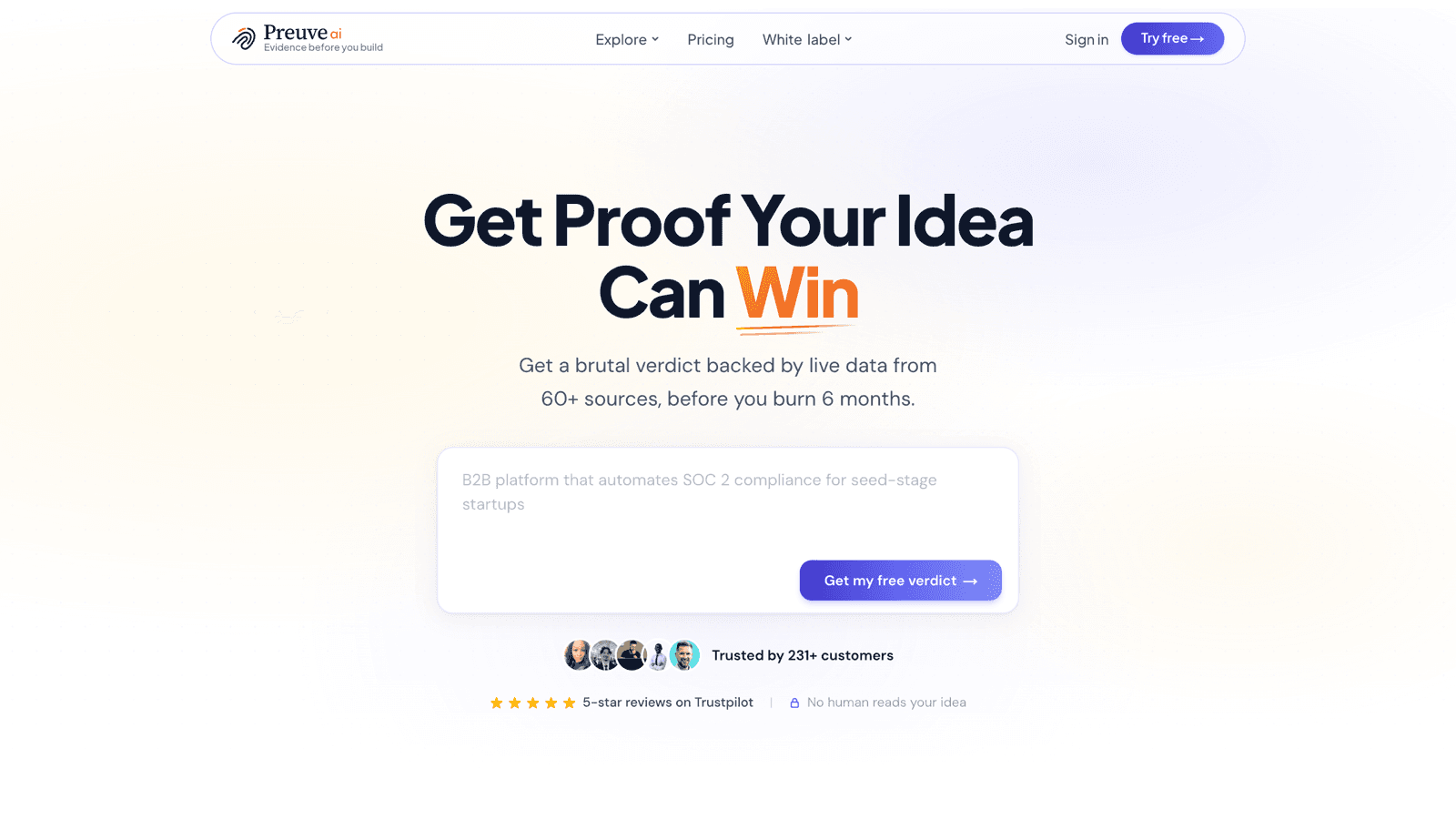 Preuve AI product preview for startup listing on Aura++