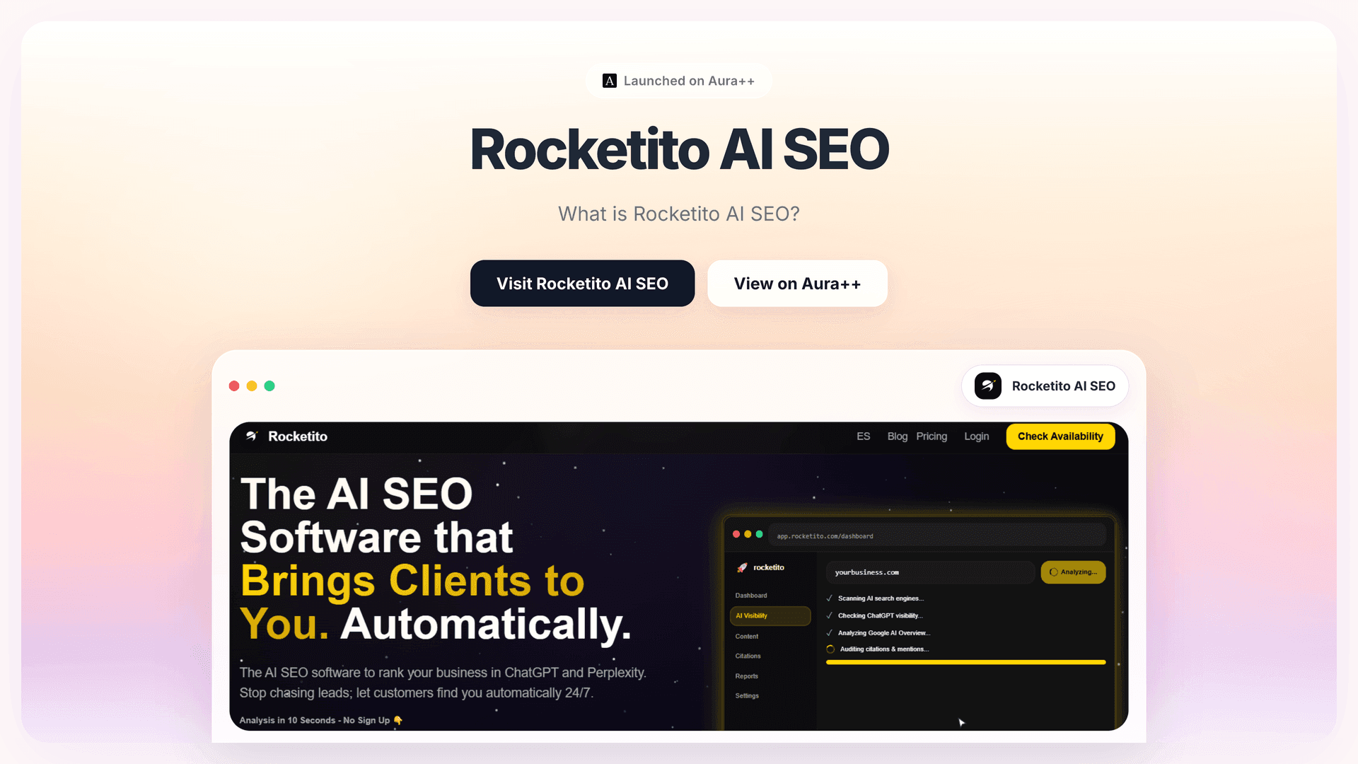 Rocketito AI SEO  launch story featured image on Aura++