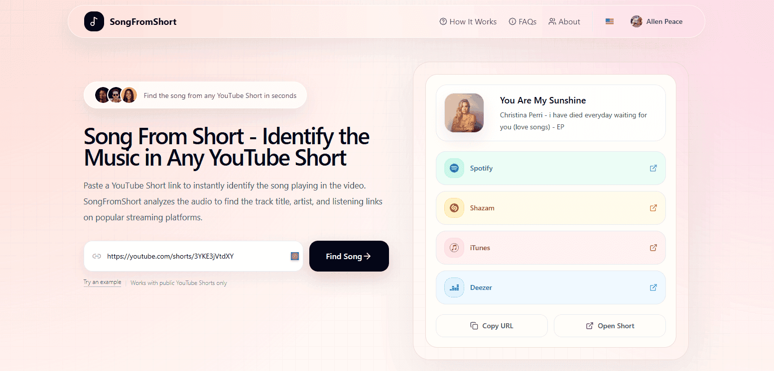 SongFromShort - Music ID for YouTube Shorts product preview for startup listing on Aura++
