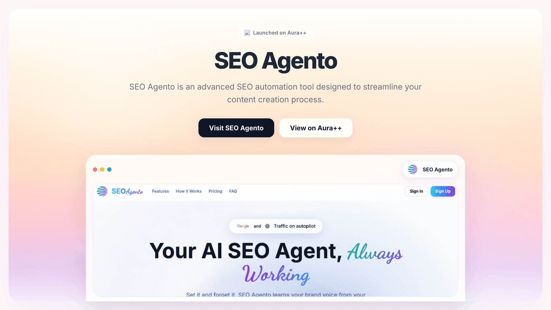 SEO Agento launch story featured image on Aura++