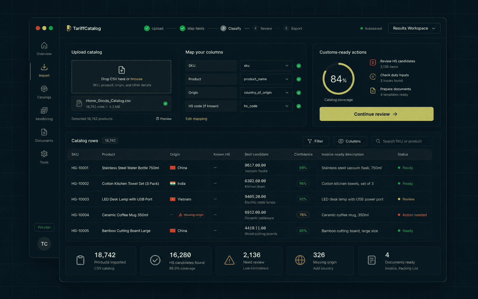TariffCatalog product preview for startup listing on Aura++