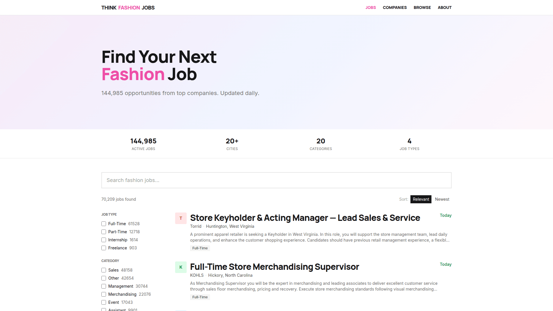 Think Fashion Jobs product preview for startup listing on Aura++