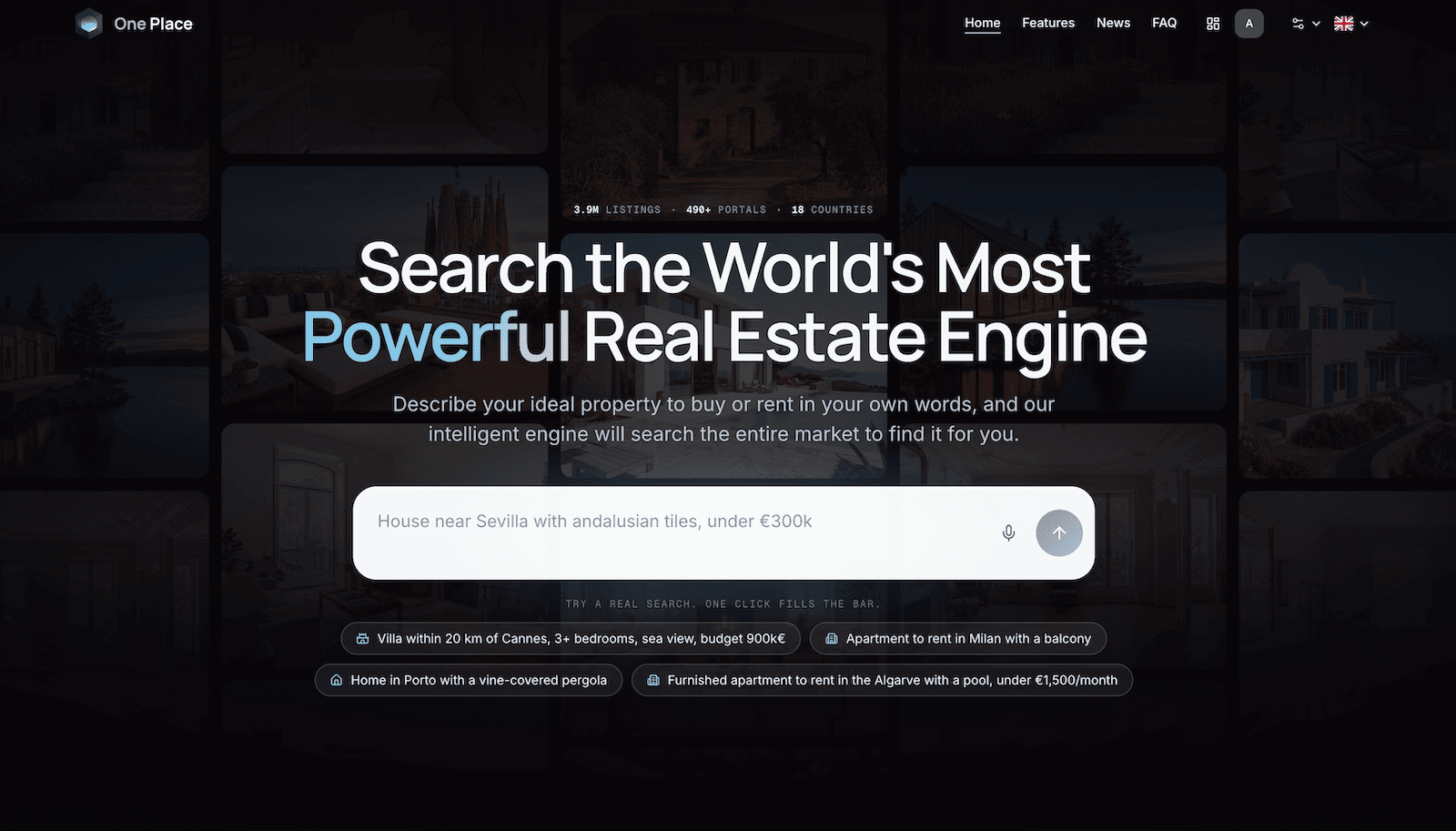 One Place: AI-Powered Real Estate Search product preview for startup listing on Aura++