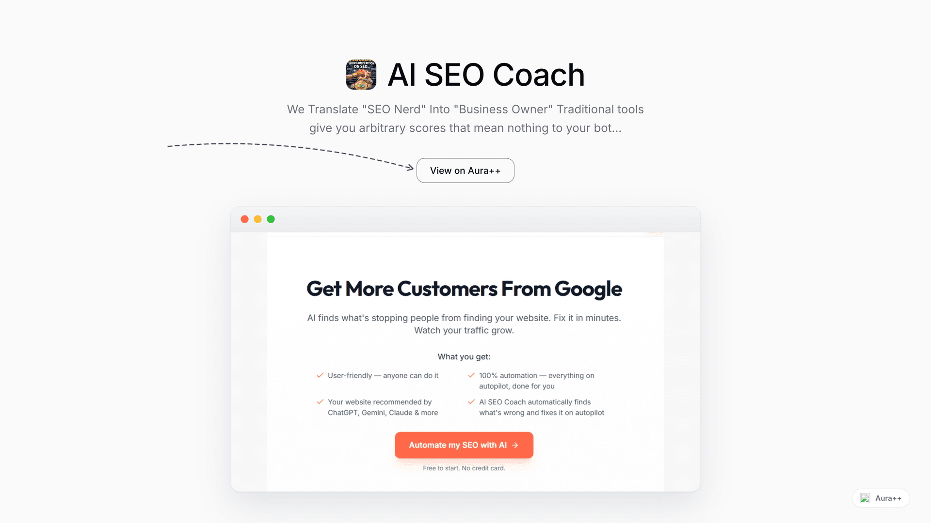 AI SEO Coach  launch story featured image on Aura++