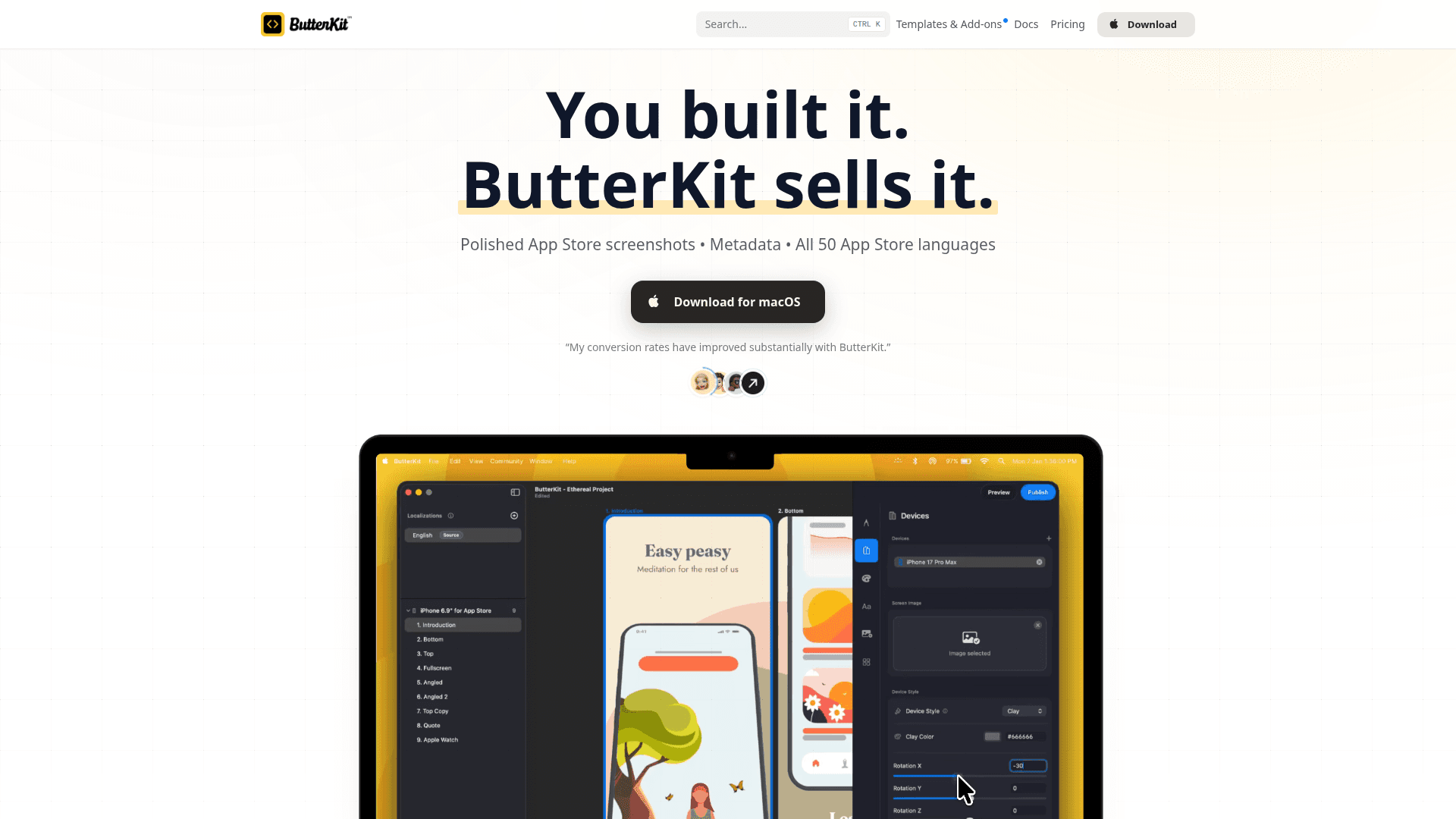 ButterKit: macOS App Store Screenshot Studio product preview for startup listing on Aura++