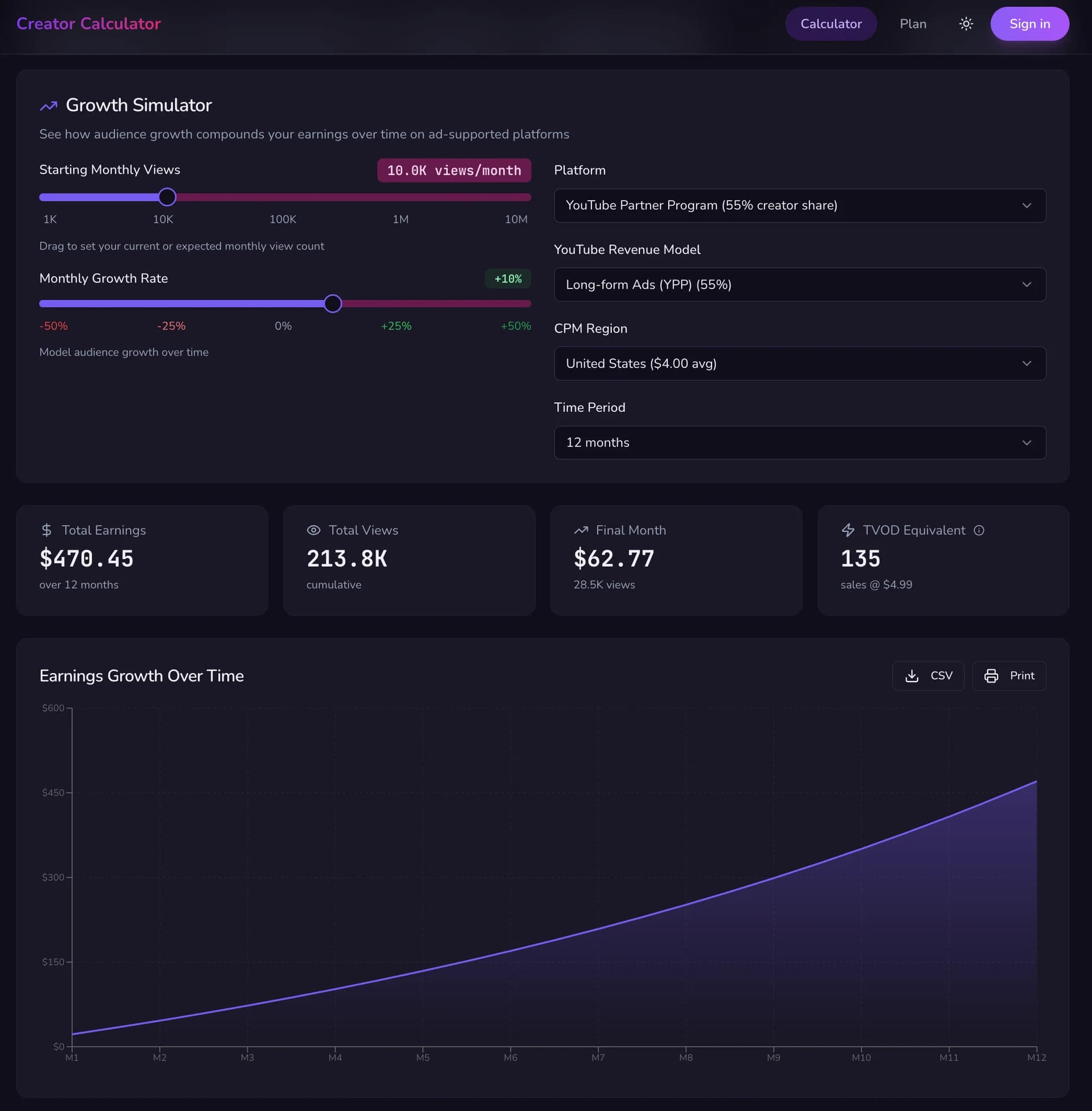 Creator Calculator product preview for startup listing on Aura++