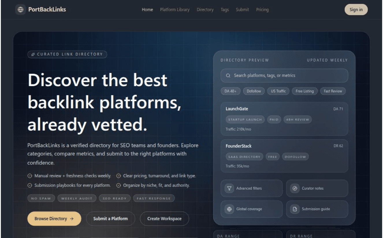 PortBackLinks product preview for startup listing on Aura++