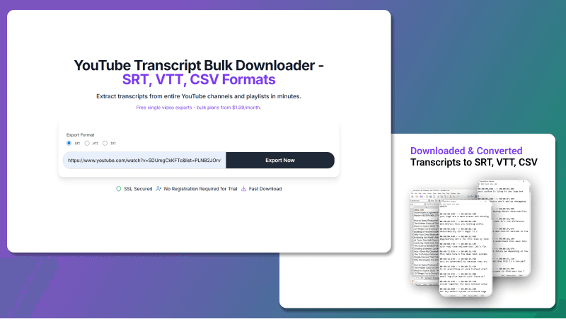ClipTranscribr - YouTube Transcript Bulk Downloader product preview for startup listing on Aura++