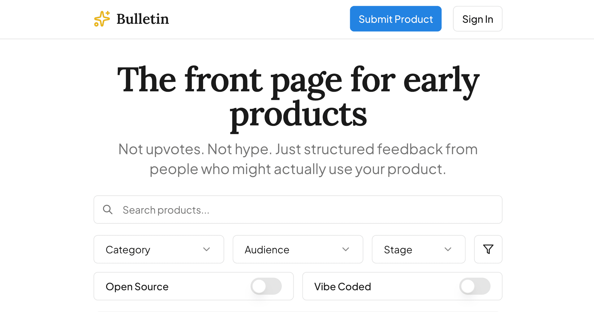 Bulletin product preview for startup listing on Aura++