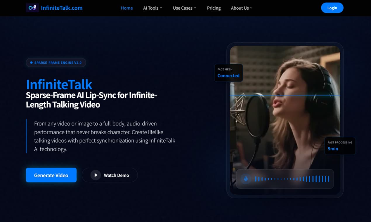 InfiniteTalk - AI Talking Video Generator product preview for startup listing on Aura++