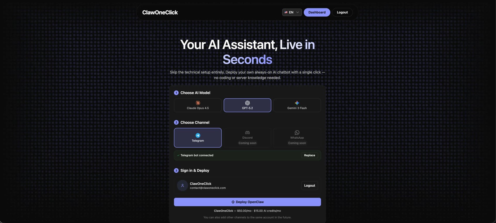 ClawOneClick product preview for startup listing on Aura++