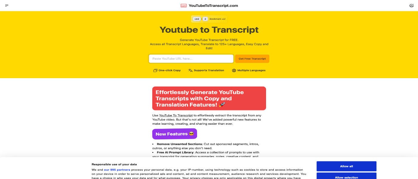Youtube to Transcript product preview for startup listing on Aura++