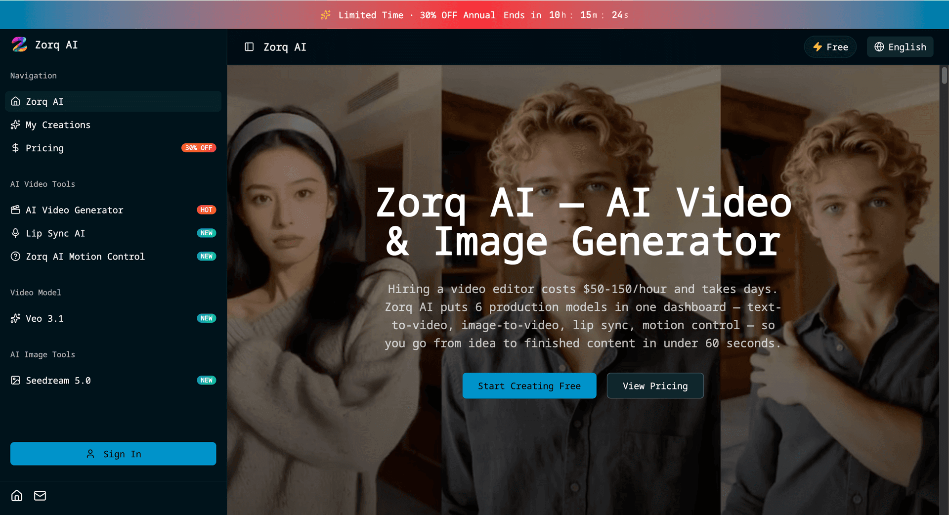 Zorq AI - Fast AI Video & Image Generator product preview for startup listing on Aura++