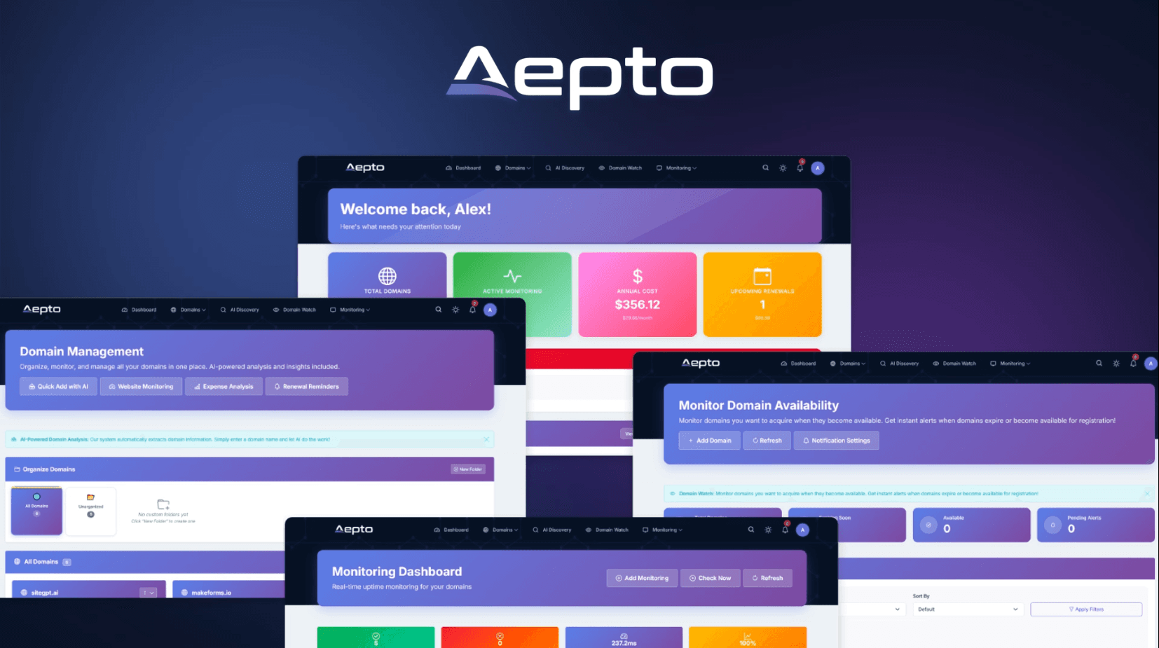 Aepto AI Domain Monitoring Platform product preview for startup listing on Aura++