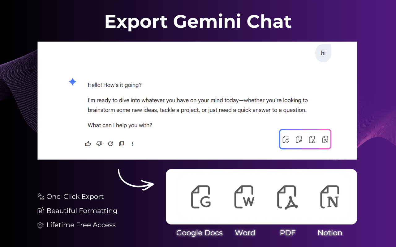 Gemini Exporter - Save Gemini to Word, PDF, Google Docs, Notion, and More product preview for startup listing on Aura++