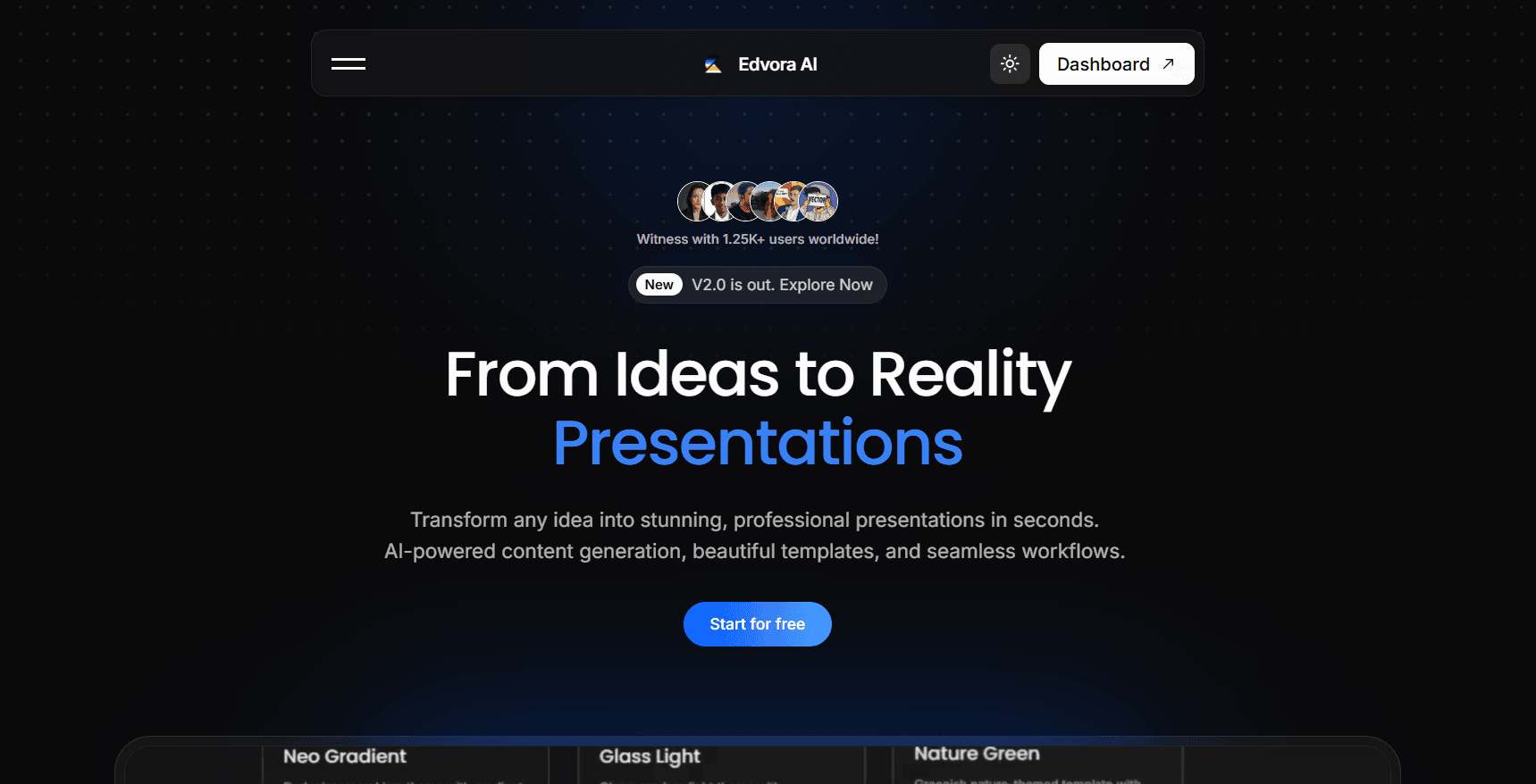 Edvora AI - AI-Powered Presentation Tool product preview for startup listing on Aura++