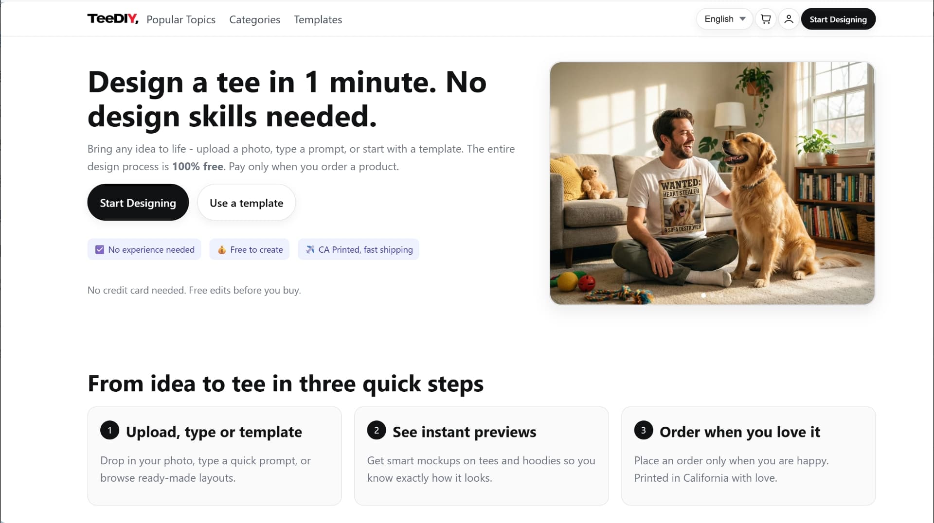 TeeDIY: Custom T-Shirt Design Platform product preview for startup listing on Aura++
