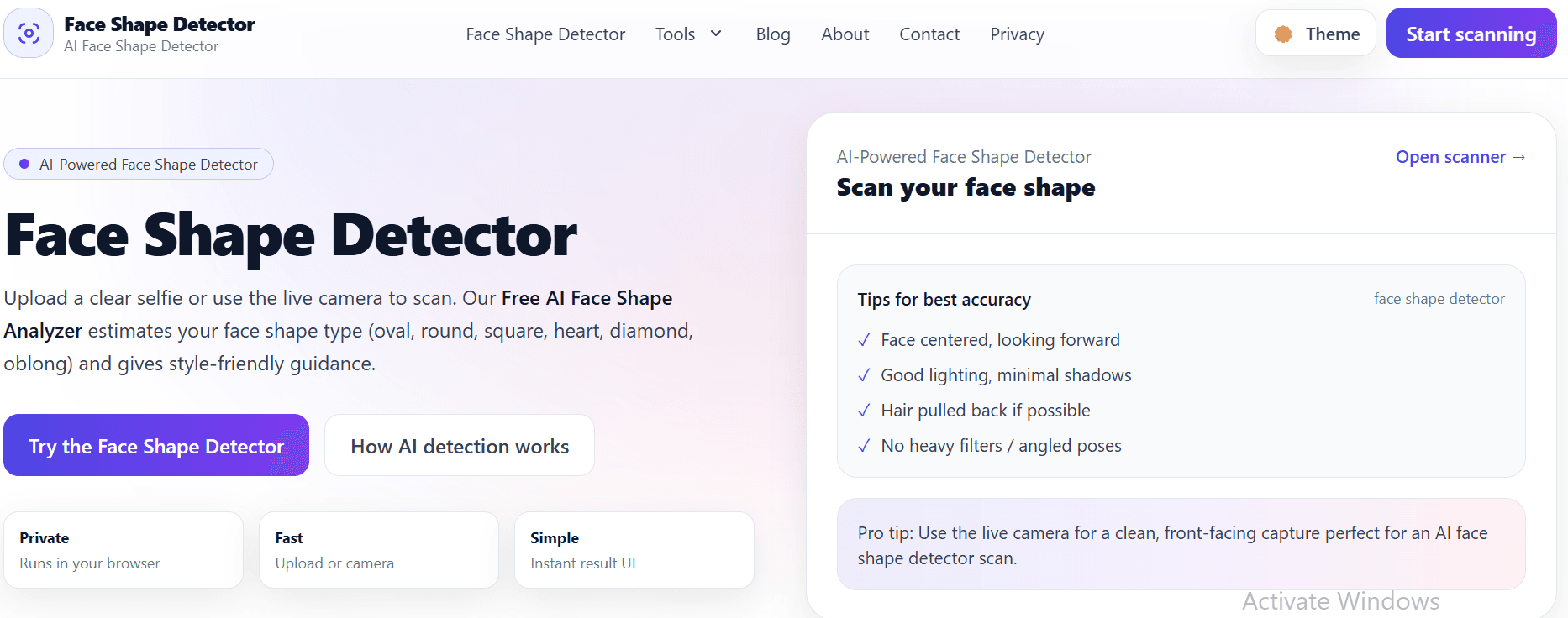 Face Shape Detector product preview for startup listing on Aura++