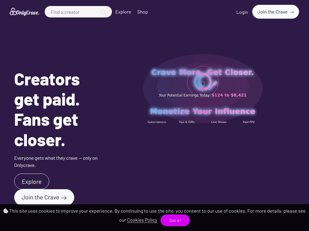 Onlycrave product preview for startup listing on Aura++