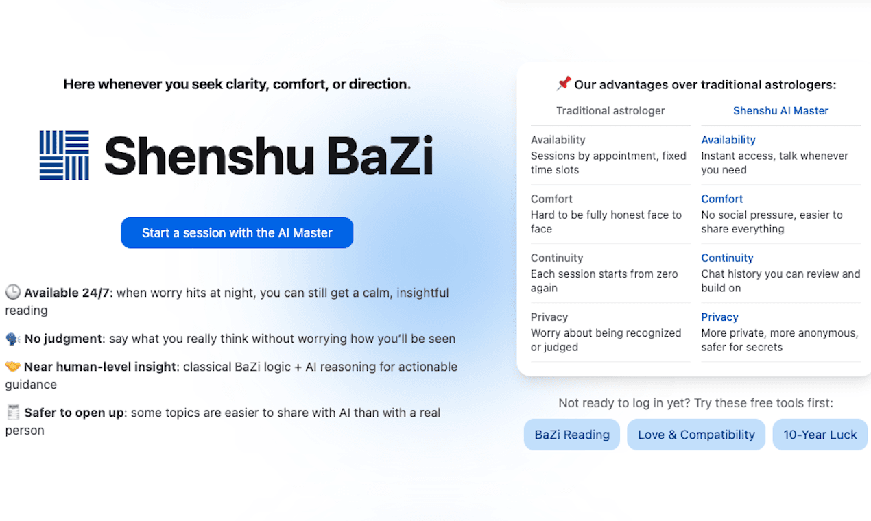 Shenshu AI BaZi & Destiny Analysis product preview for startup listing on Aura++