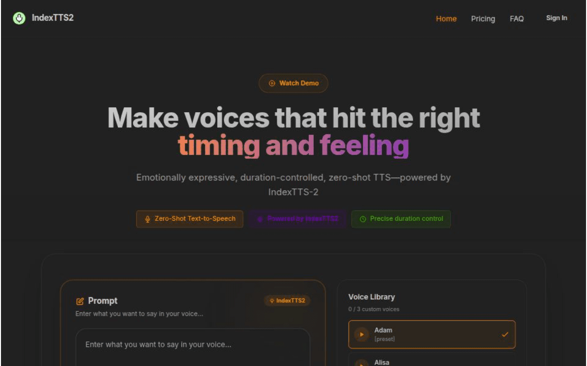 IndexTTS2 - Advanced AI Text-to-Speech product preview for startup listing on Aura++
