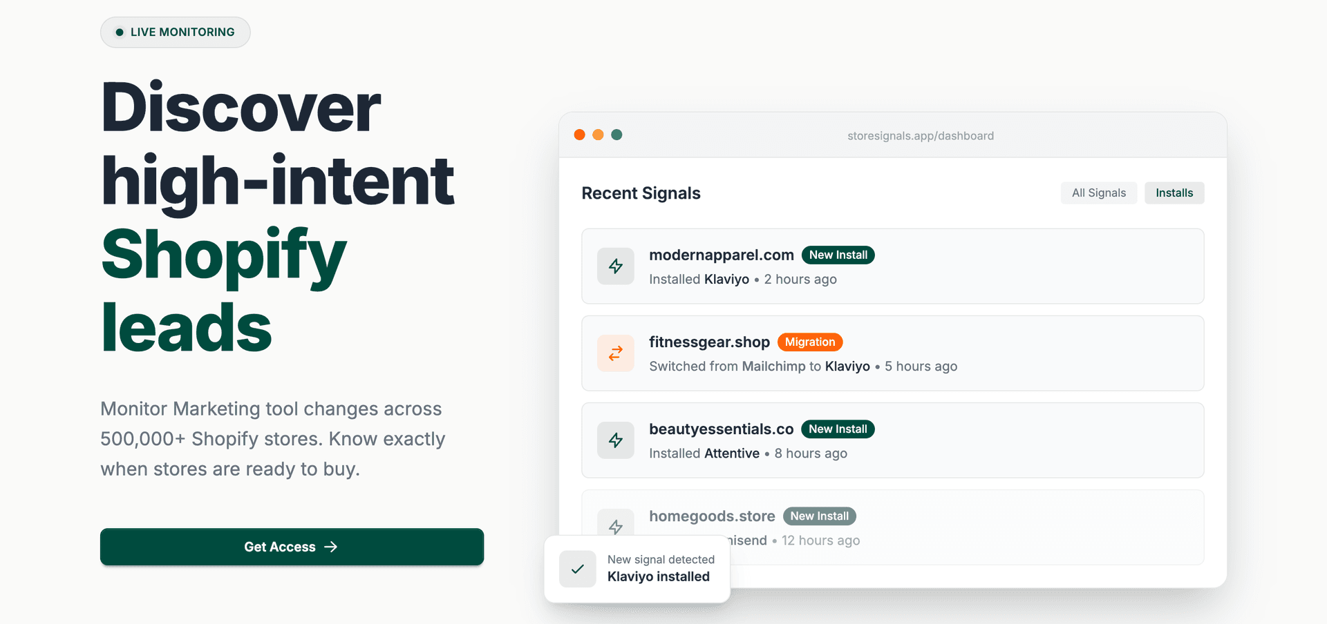 Store Signals product preview for startup listing on Aura++