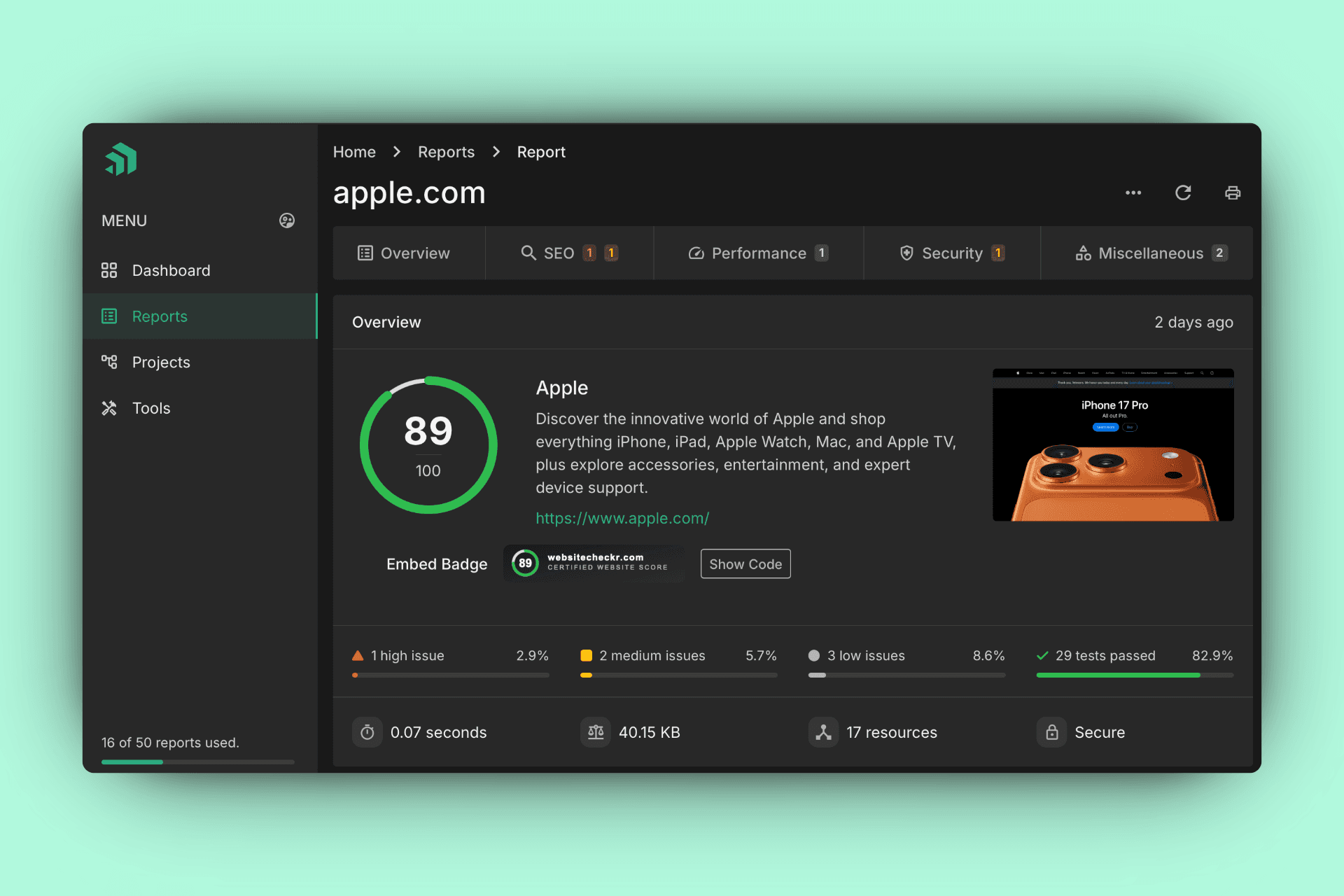 WebsiteCheckr - Website Performance & Security Analysis product preview for startup listing on Aura++
