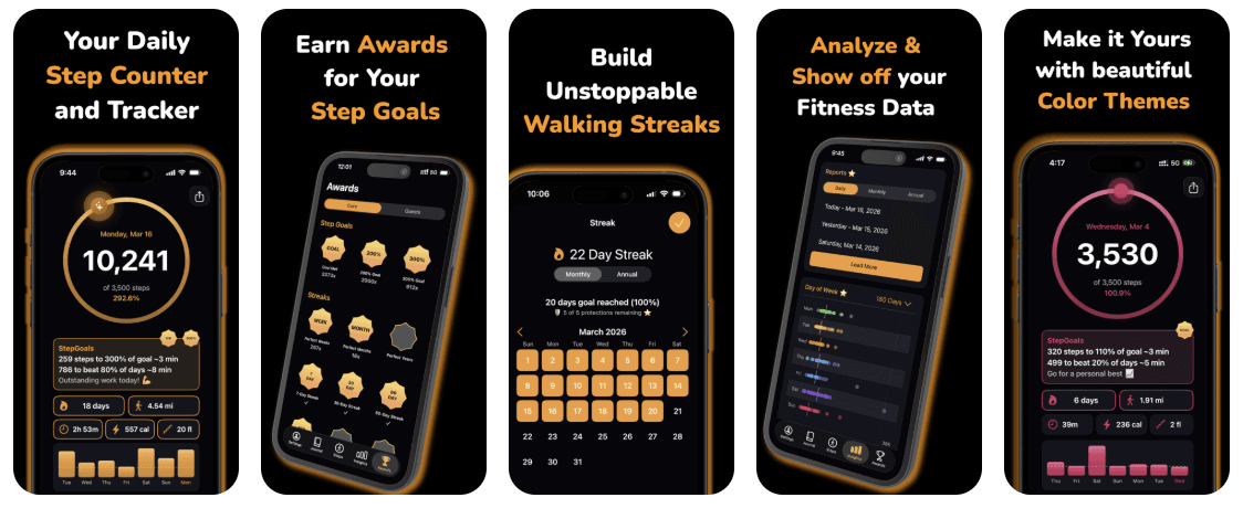 StepGoals (iOS) - Smart Step Counter product preview for startup listing on Aura++