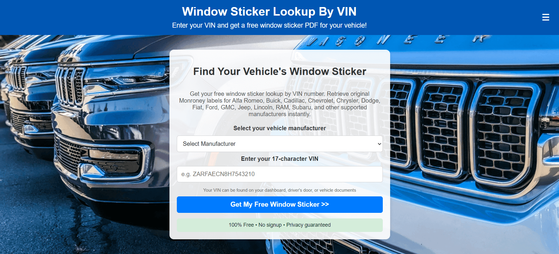Window Sticker Lookup By VIN product preview for startup listing on Aura++