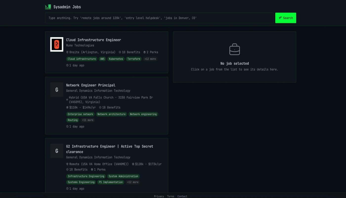 Sysadmin Jobs product preview for startup listing on Aura++