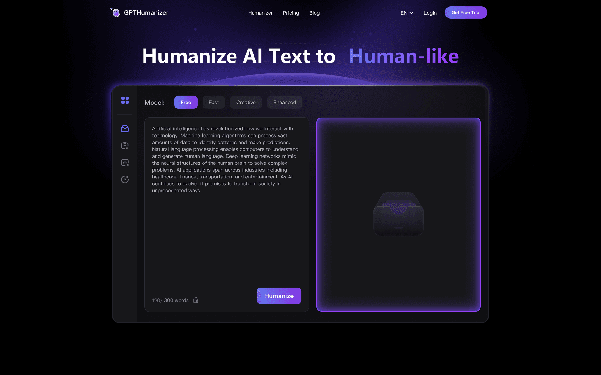 GPT Humanizer AI product preview for startup listing on Aura++