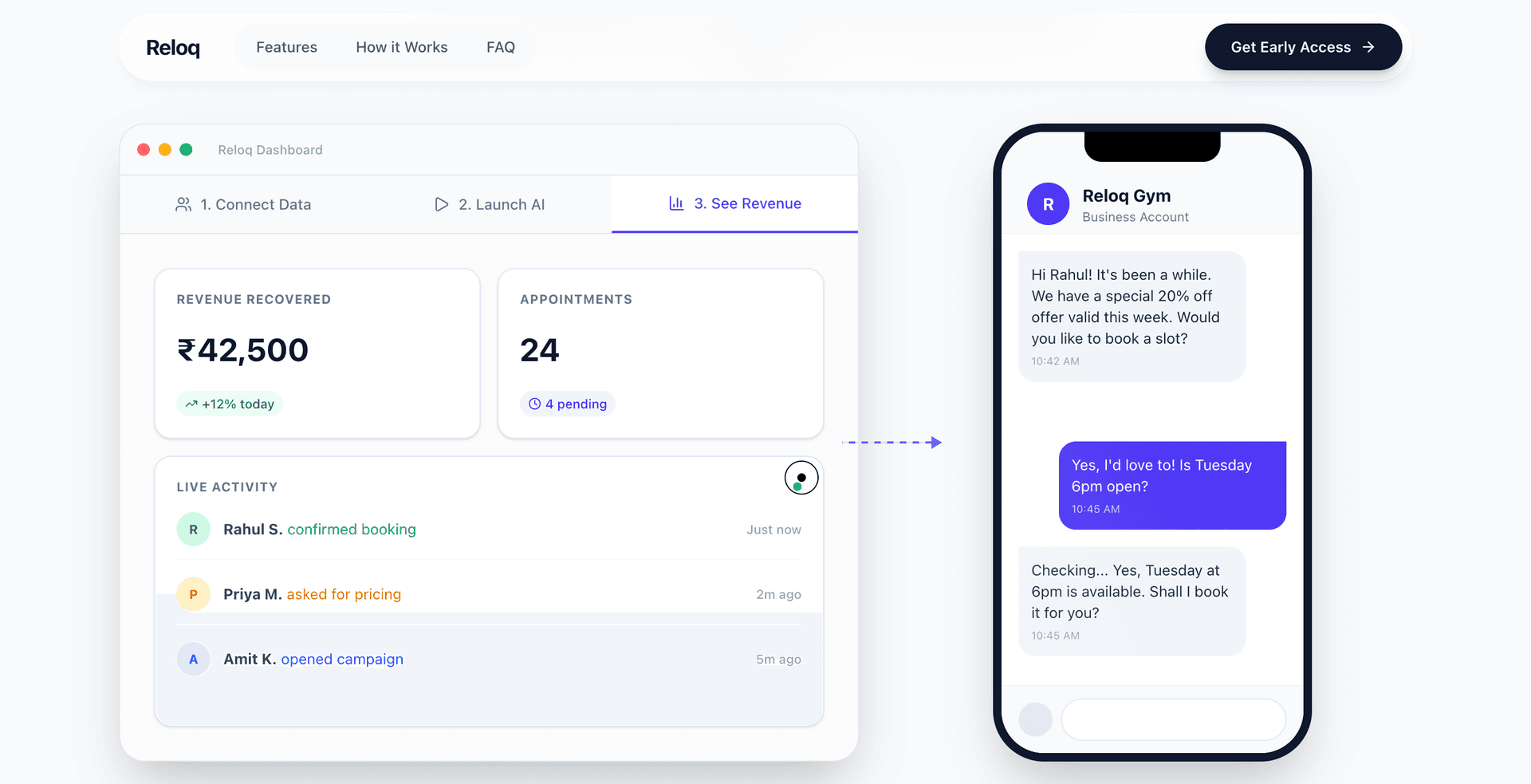 RecoverReloq AI Customer Re-engagement product preview for startup listing on Aura++