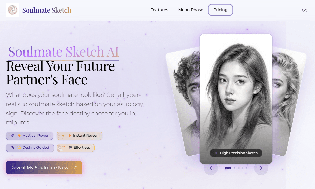 Soulmate Sketch AI product preview for startup listing on Aura++