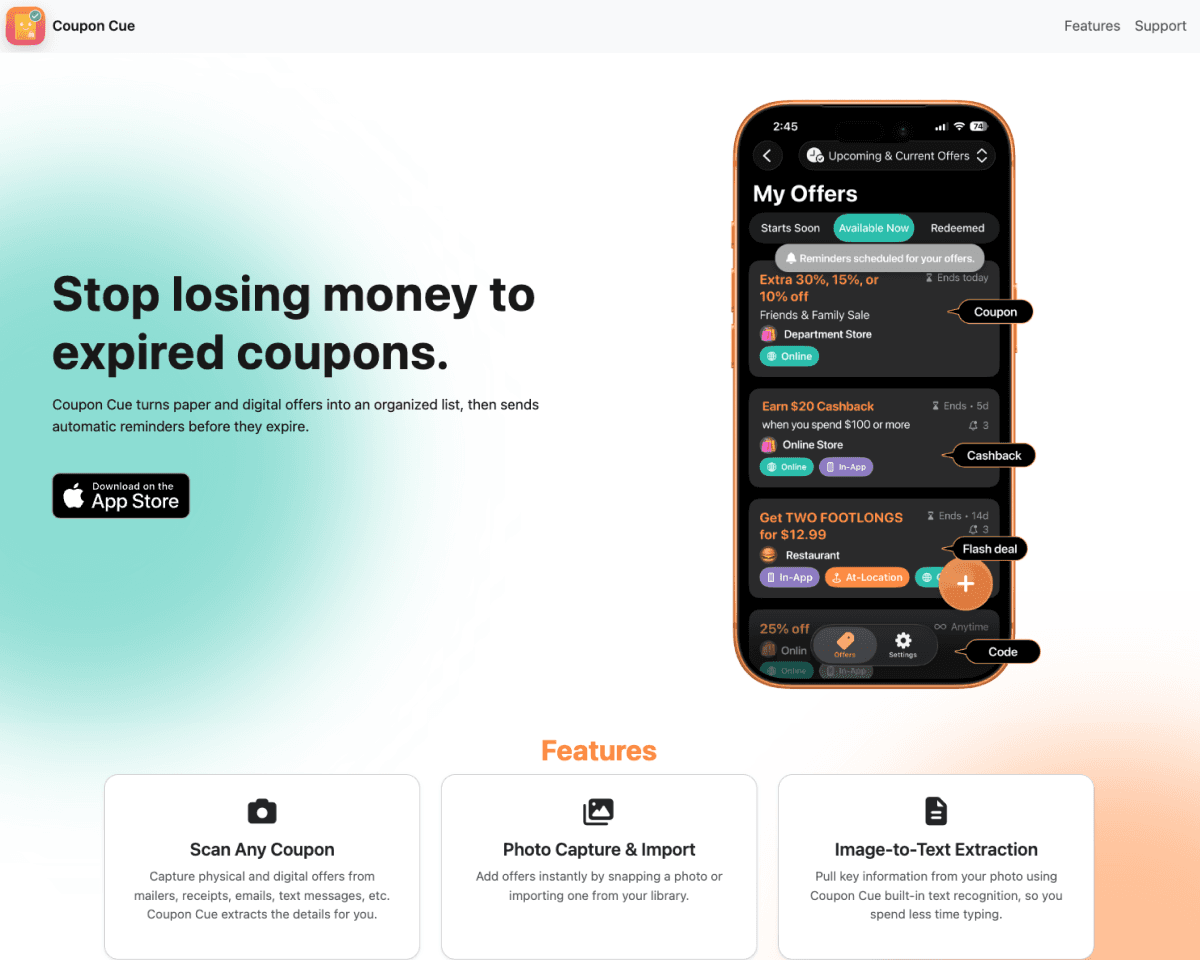 Coupon Cue product preview for startup listing on Aura++