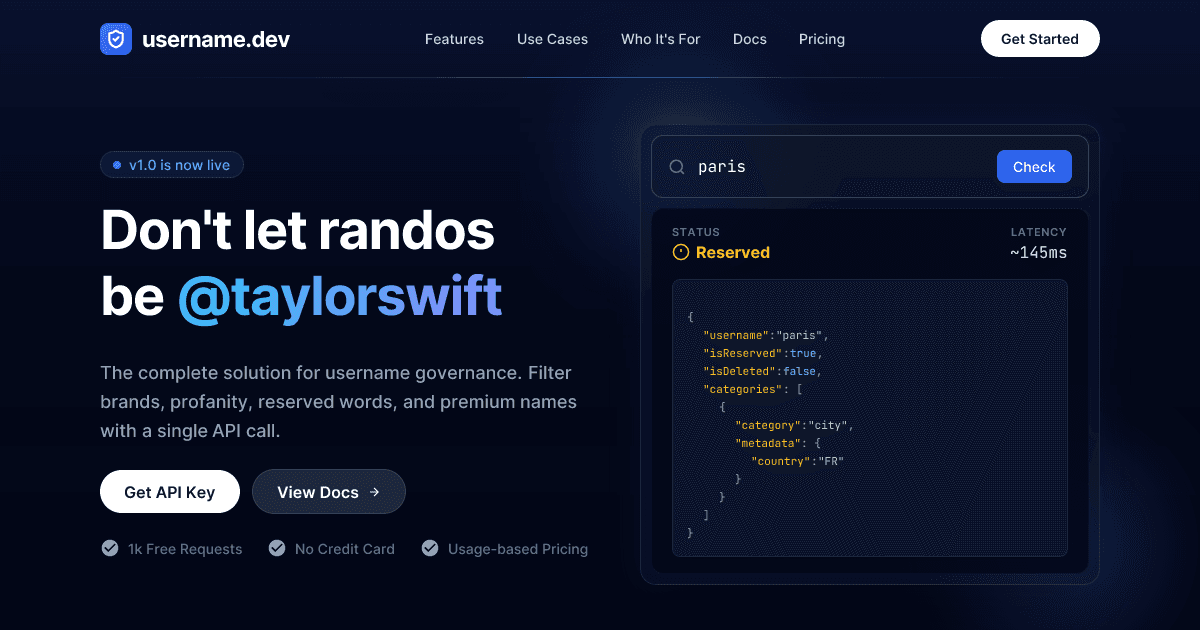 username.dev product preview for startup listing on Aura++
