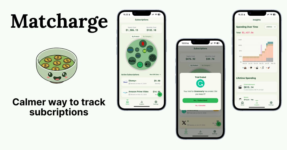 Matcharge - Subscription Tracker & Visualizer product preview for startup listing on Aura++