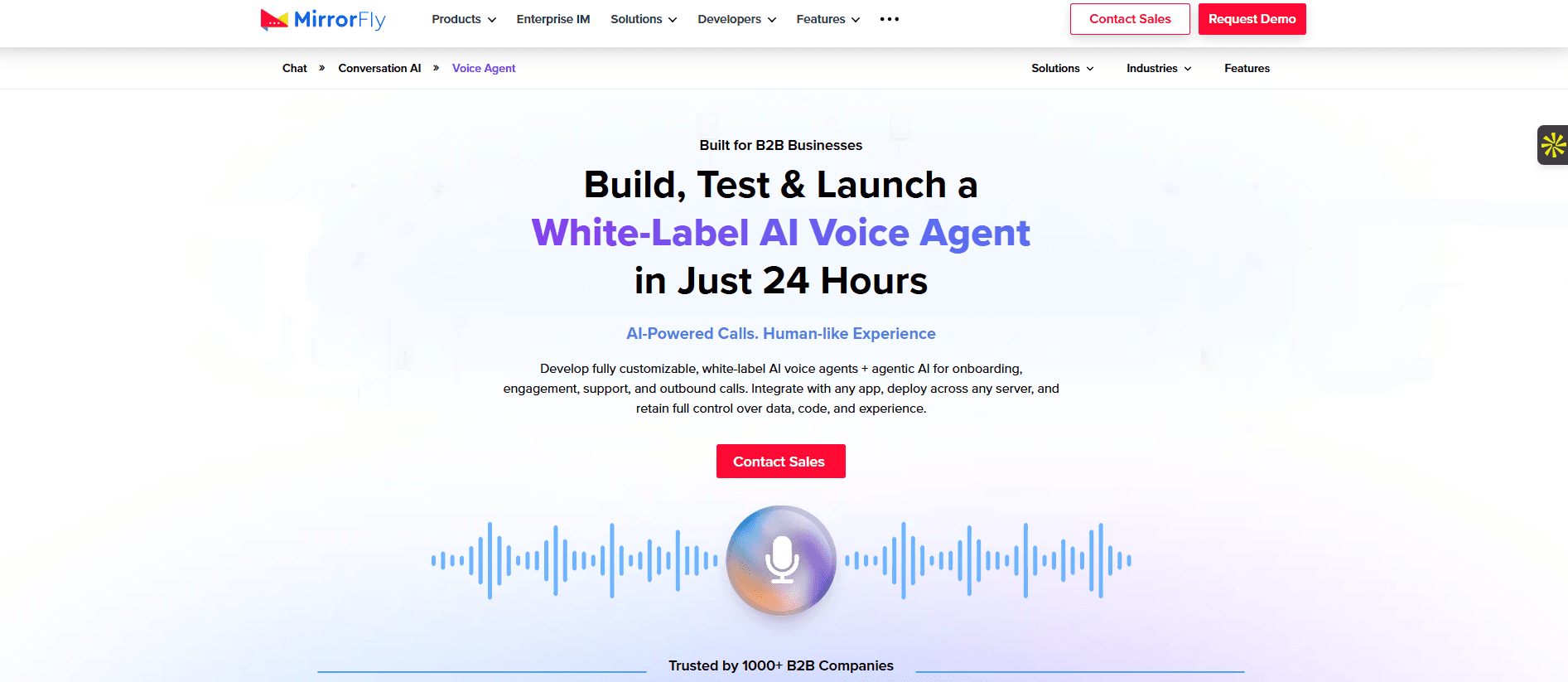 MirrorFly AI Voice Agent product preview for startup listing on Aura++