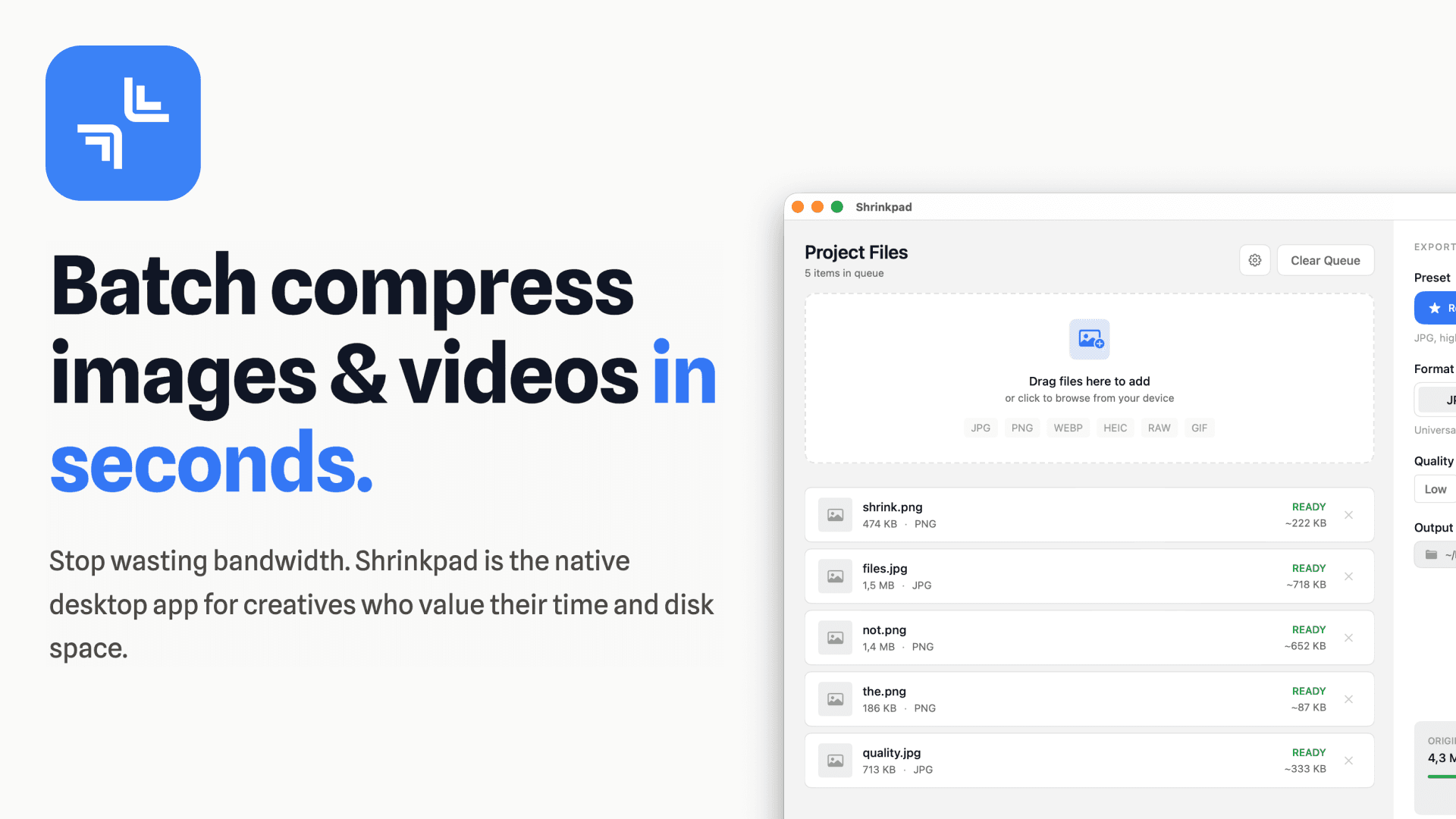 Shrinkpad - Fast Mac Asset Compressor product preview for startup listing on Aura++