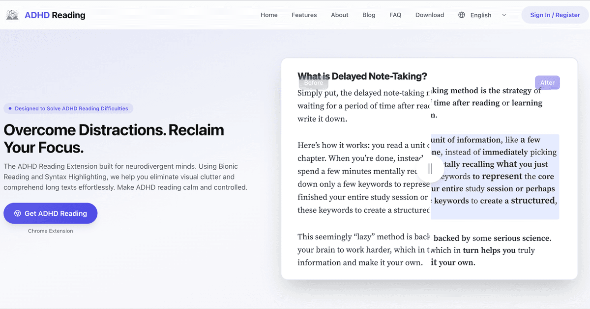 ADHD Reading product preview for startup listing on Aura++
