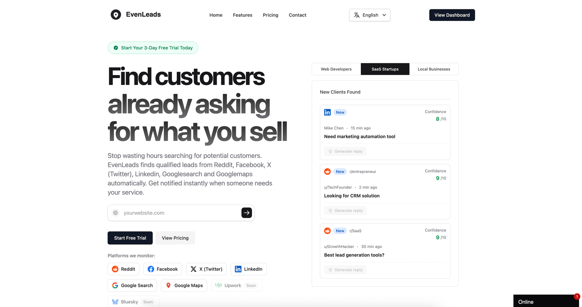 EvenLeads - Find customers automatically product preview for startup listing on Aura++