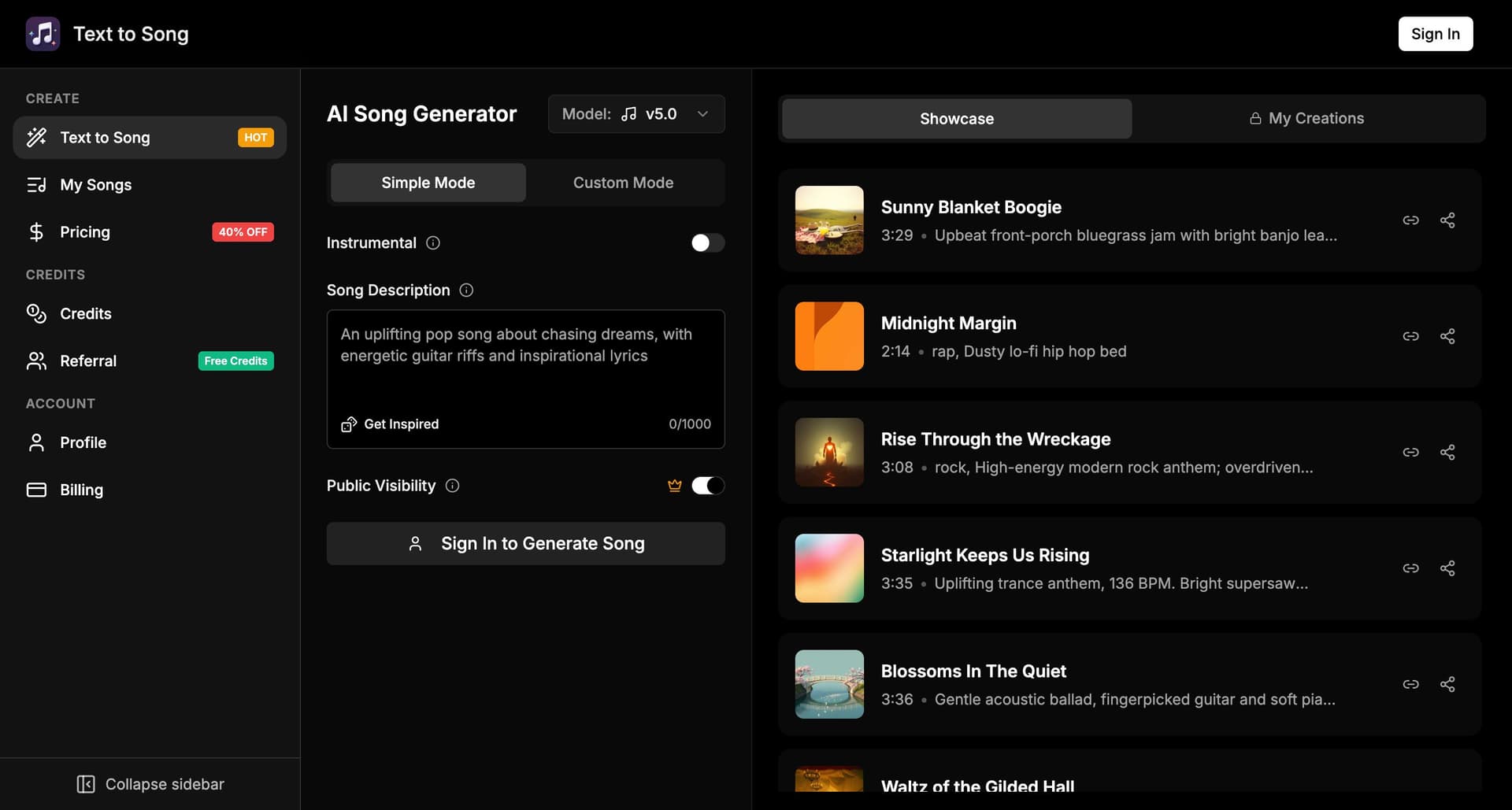 Text to Song product preview for startup listing on Aura++
