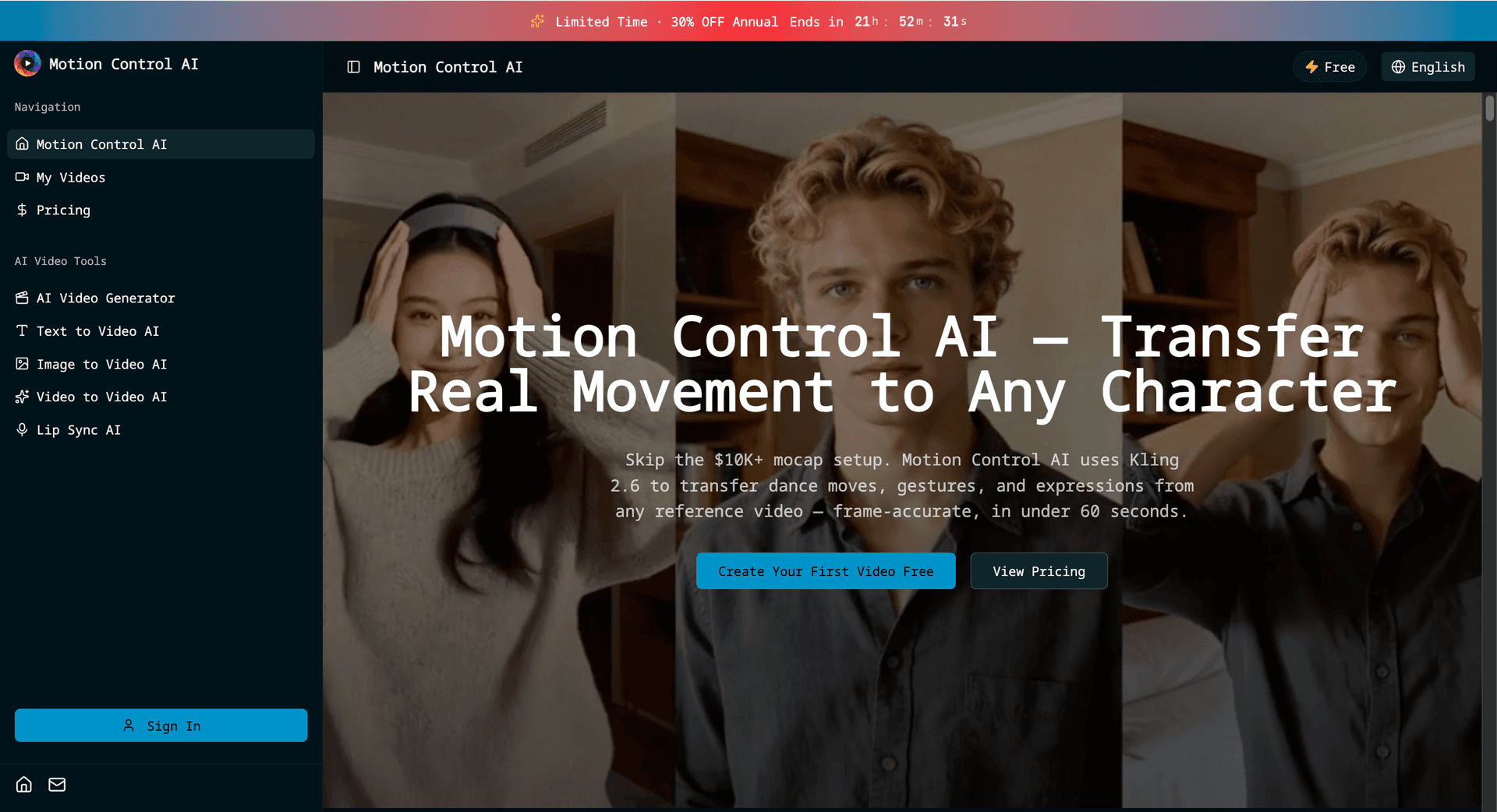 Motion Control AI product preview for startup listing on Aura++