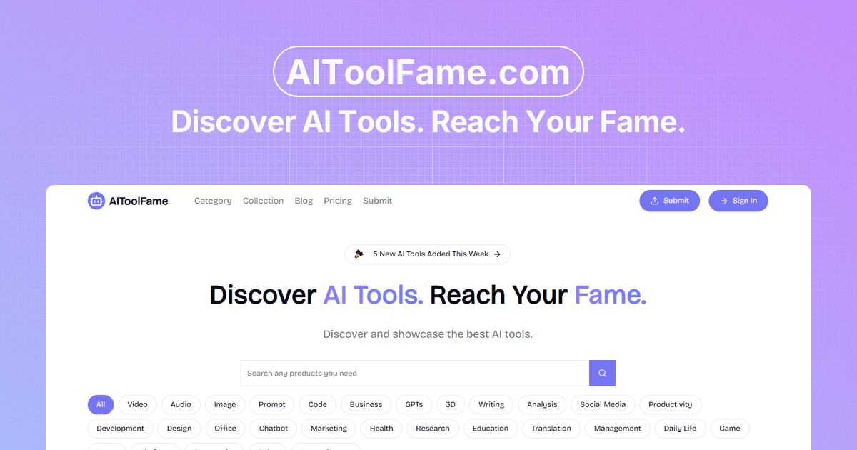 AIToolFame - AI Tools Directory product preview for startup listing on Aura++