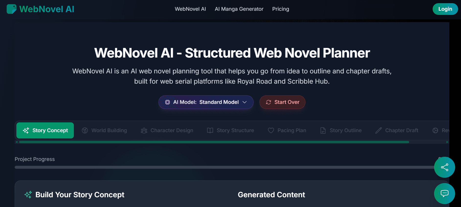 WebNovel AI - Web Novel Planning Tool product preview for startup listing on Aura++