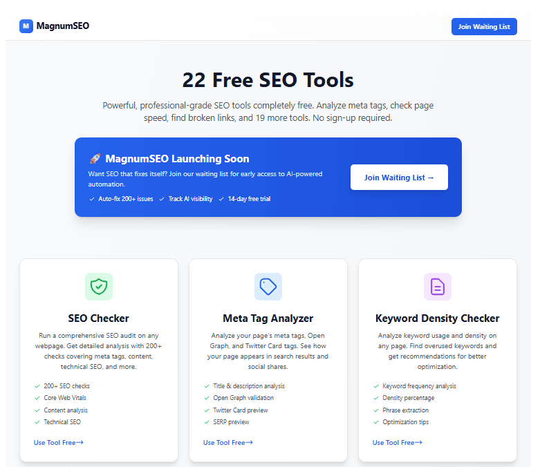 Magnum SEO Tools product preview for startup listing on Aura++