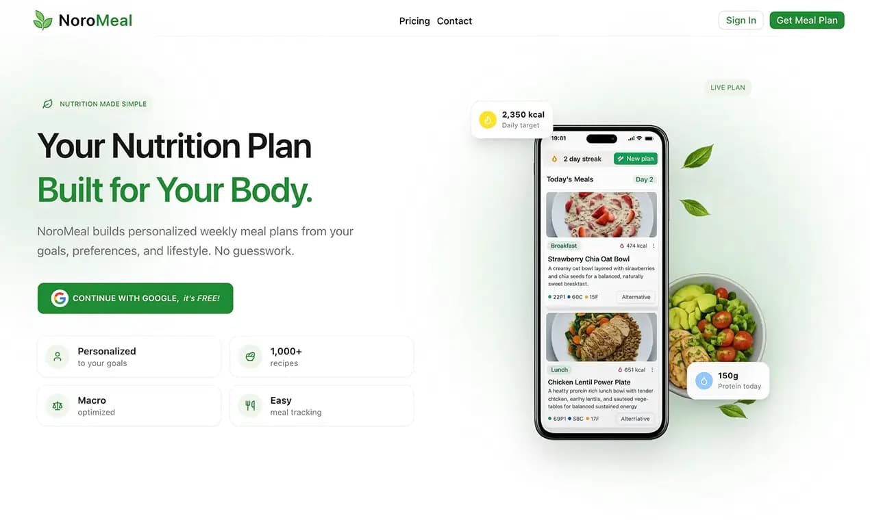 NoroMeal: Personalized Meal Planning Software product preview for startup listing on Aura++